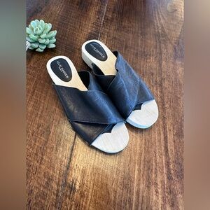 Kelsi Dagger Brooklyn "Gear" Black Leather Wood Platform Slide Sandals, Size 9.5
